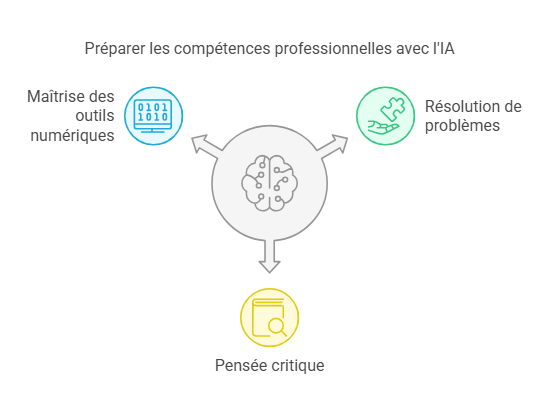 Infographie montrant les compétences développées avec l’IA : maîtrise des outils numériques, résolution de problèmes, pensée critique