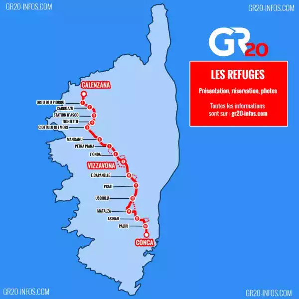 Carte du GR20 montrant les différentes étapes de la randonnée en Corse, de Calenzana à Conca.