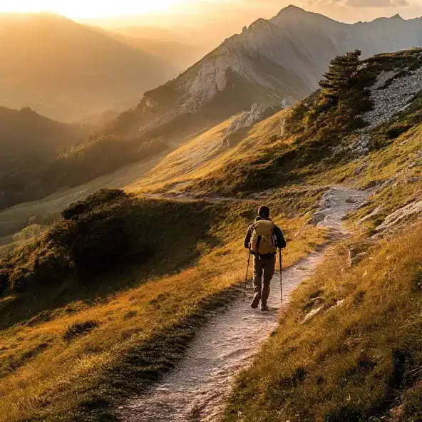 Un randonneur avançant sur un sentier en altitude, avec une vue panoramique sur les montagnes françaises.
