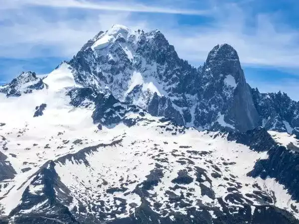 Vue spectaculaire des sommets enneigés du Mont-Blanc sous un ciel bleu.