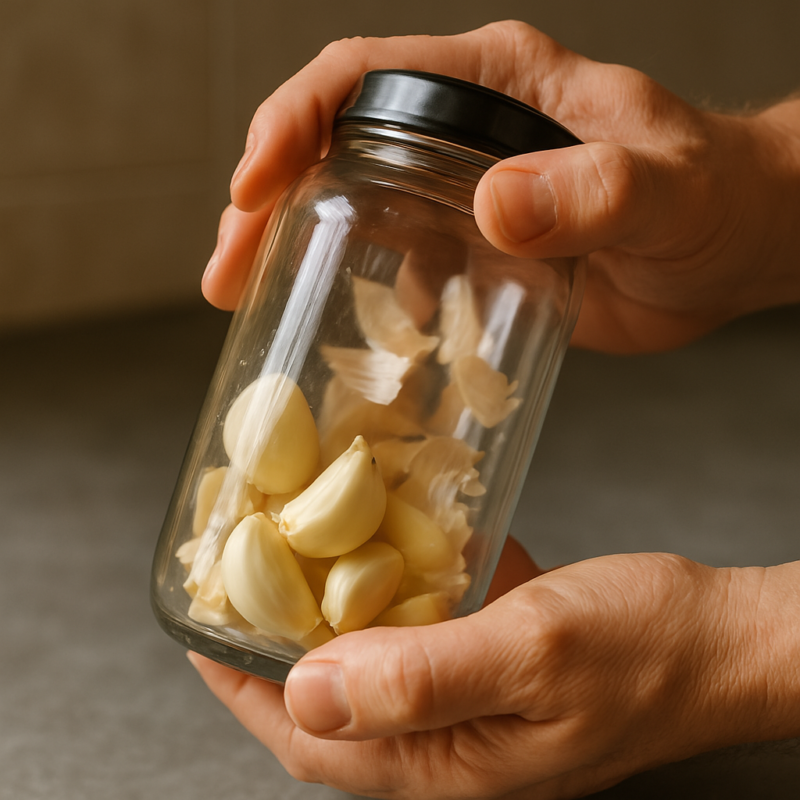 Mains secouant un bocal en verre avec des gousses d’ail partiellement épluchées