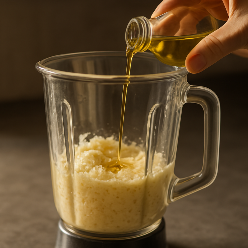 Main versant de l’huile d’olive dans un blender rempli de purée d’ail