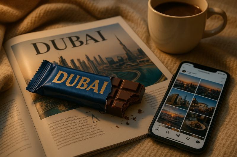 Tablette de chocolat entamée posée sur un magazine de voyage et un téléphone affichant Instagram
