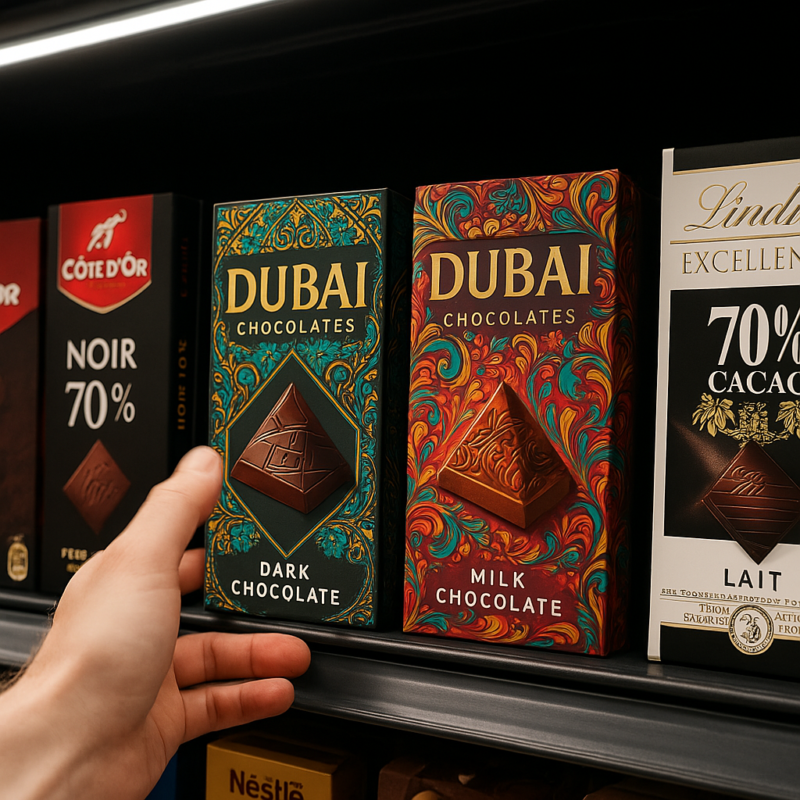 Boîtes de chocolats Dubaï aux packagings dorés dans un rayon de supermarché français