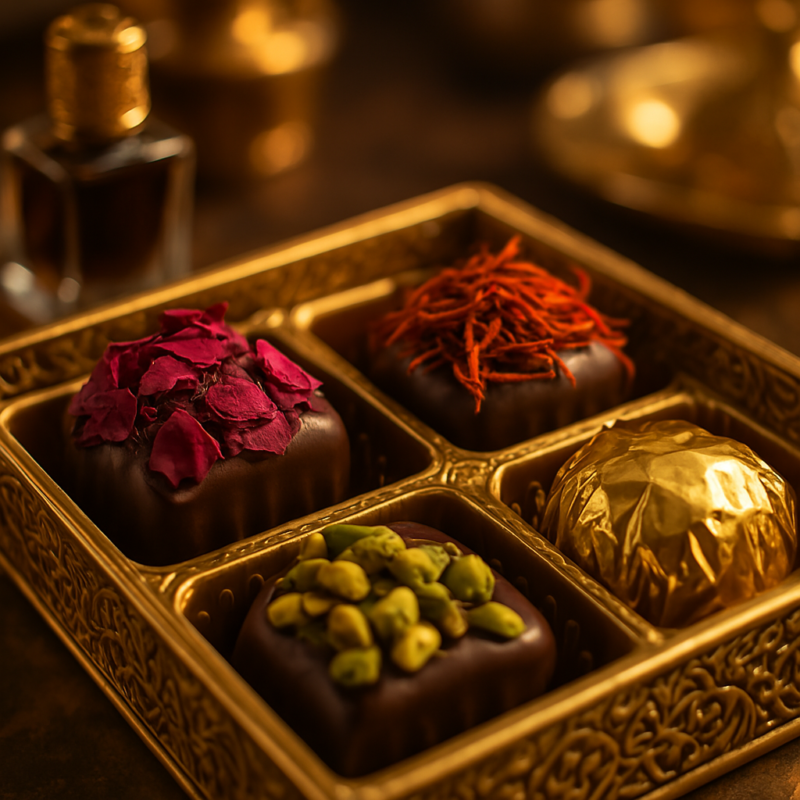 Coffret de chocolats haut de gamme aux parfums de rose, pistache et safran