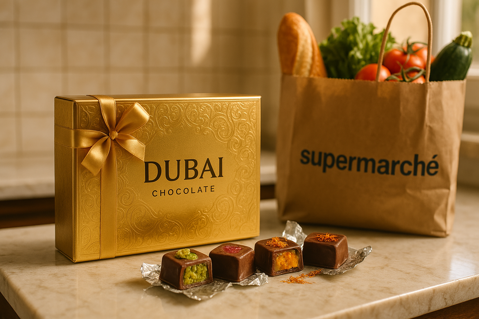 Chocolat de luxe de Dubaï posé sur un plan de travail, à côté de courses françaises