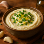 Bol en céramique rempli de crème d’ail garnie de persil frais et de zestes de citron