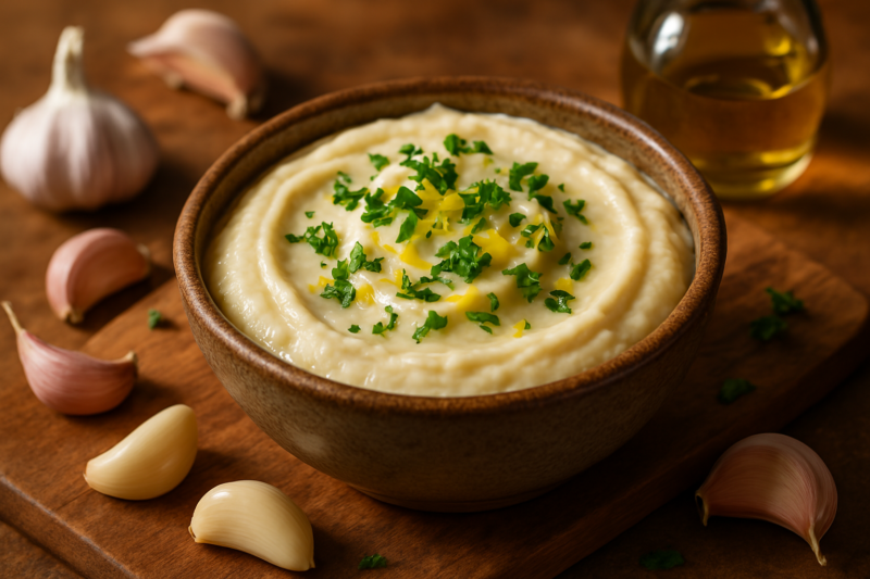 Bol en céramique rempli de crème d’ail garnie de persil frais et de zestes de citron