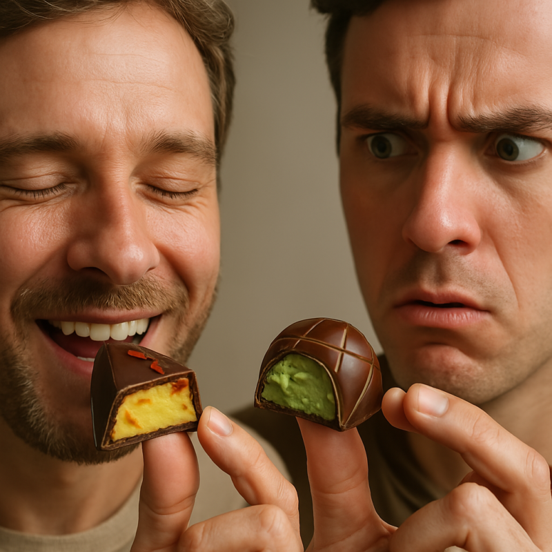Deux personnes goûtent un chocolat aux saveurs exotiques avec des réactions opposées