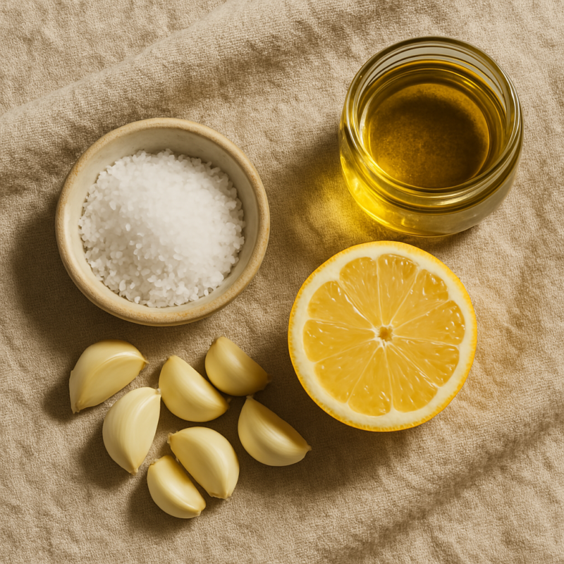 Ingrédients de cuisine à plat avec sel, ail, citron et huile d’olive sur torchon neutre