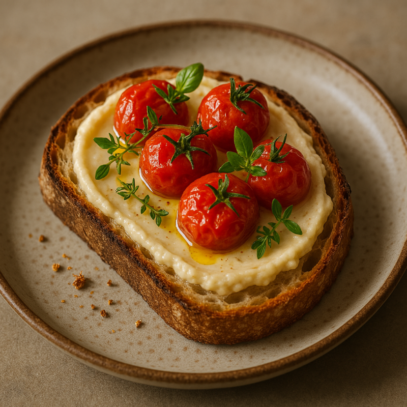 Tartine de pain au levain avec crème d’ail, tomates confites et herbes fraîches