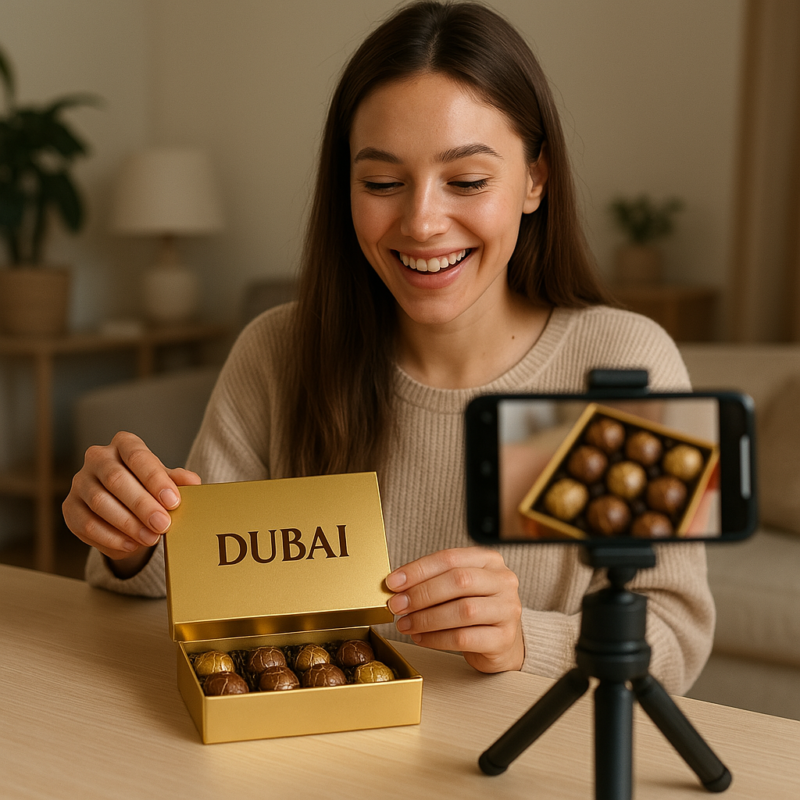 Jeune femme filmant l’ouverture d’une boîte de chocolats Dubaï chez elle