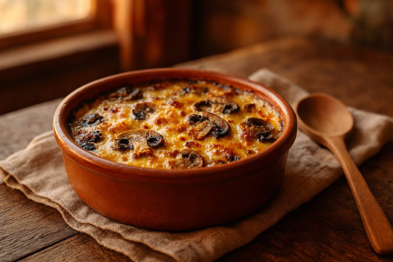 Plat de croûte aux champignons traditionnels du Haut-Doubs sur une table rustique