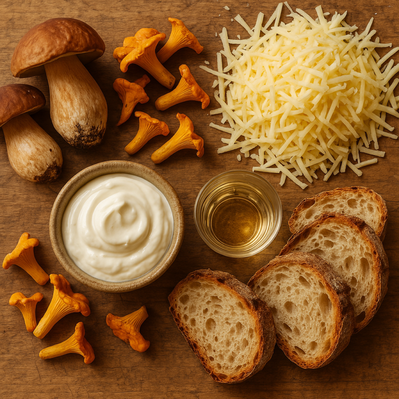 Champignons, fromage comté, pain grillé et crème fraîche sur une planche de cuisine