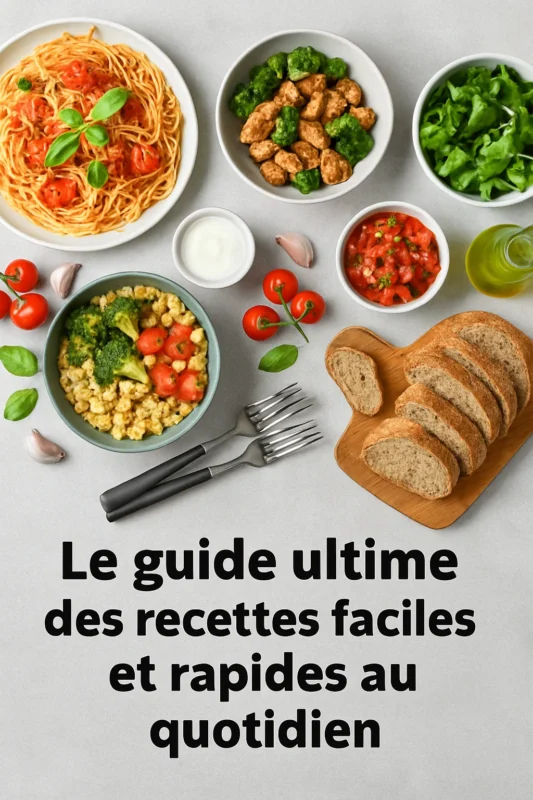 Assiette de recettes faciles avec légumes, céréales, pain et sauce