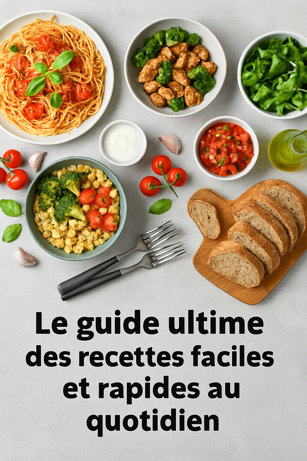 Assiette de recettes faciles avec légumes, céréales, pain et sauce