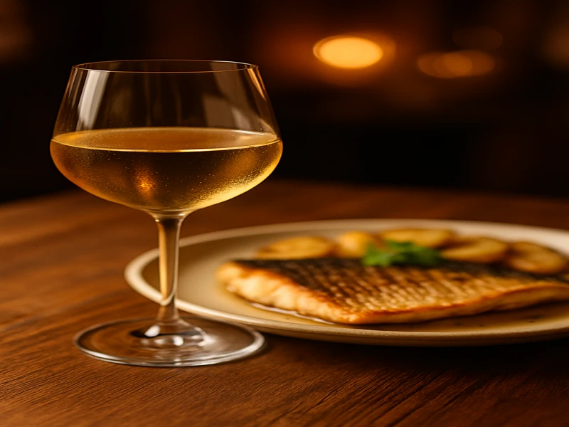 Verre de vin blanc avec assiette de poisson black bass