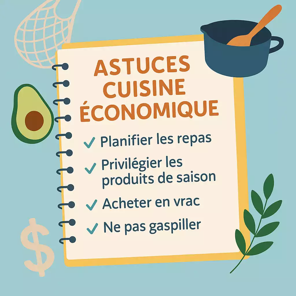Liste illustrée de 4 conseils pour une cuisine économique : planifier les repas, acheter en vrac, privilégier les produits de saison, éviter le gaspillage.