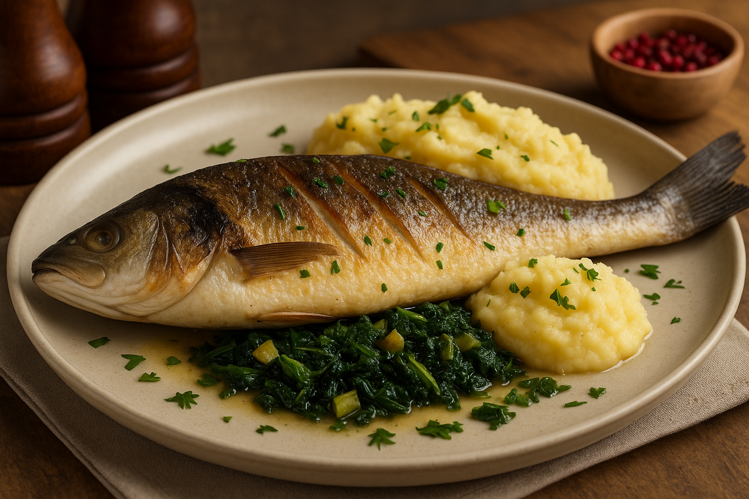 Filet de black bass croustillant doré à la poêle avec purée de patate douce