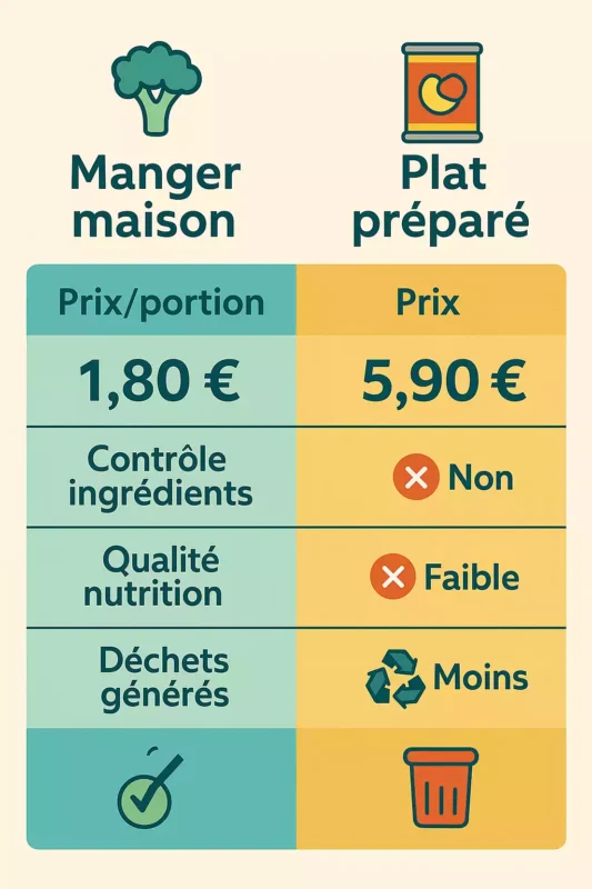 Comparatif visuel entre un repas fait maison et un plat préparé : prix, contrôle des ingrédients, qualité nutritionnelle, déchets générés
