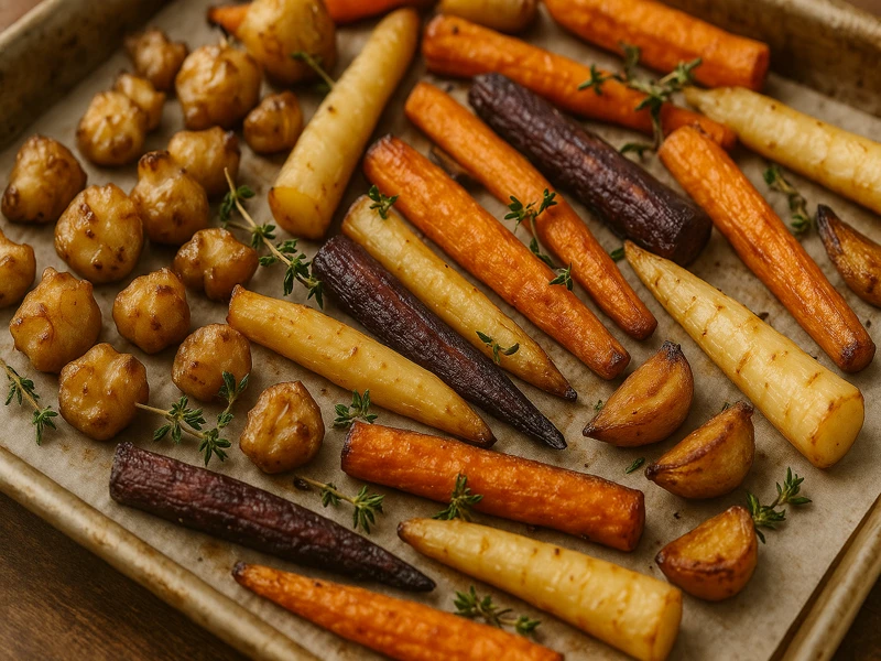 Légumes racines rôtis pour accompagner un filet de poisson à la poêle