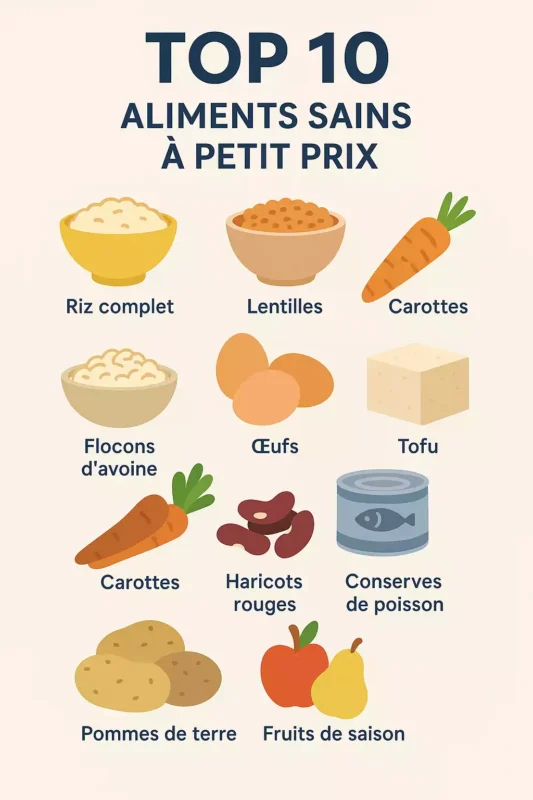 Illustration des 10 aliments sains les plus économiques : riz complet, lentilles, carottes, flocons d’avoine, œufs, tofu, haricots rouges, pommes de terre, conserves de poisson et fruits de saison.