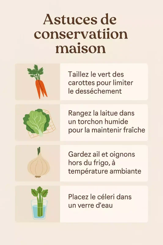 Infographie avec 4 astuces maison pour conserver ses légumes frais plus longtemps