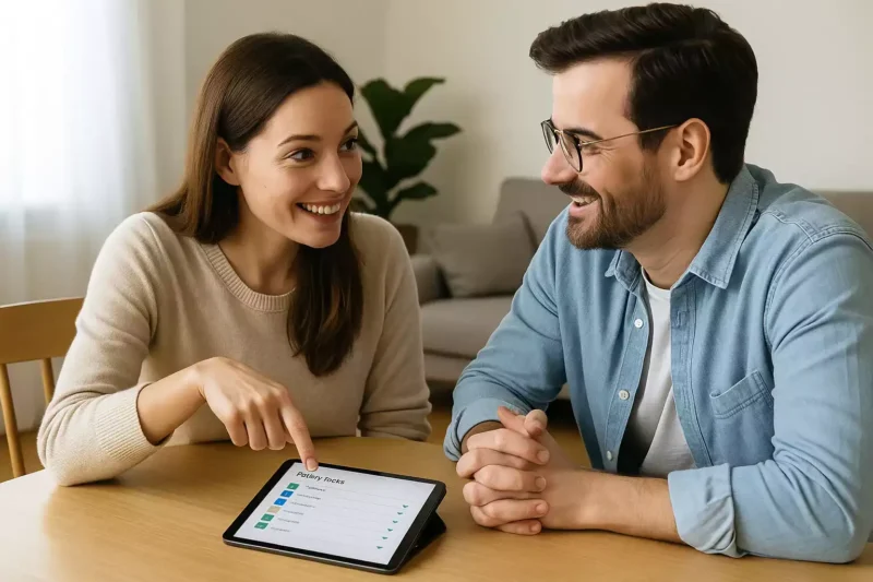 Couple assis à table consultant ensemble une liste de tâches sur une tablette