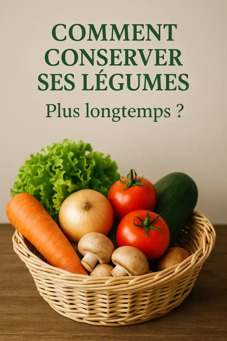 Panier de légumes frais posé sur une table en bois, sous le titre Comment conserver ses légumes plus longtemps