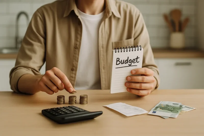 Personne calculant ses dépenses courses avec carnet, calculatrice et billets