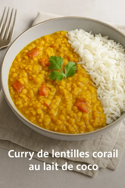 Bol de curry de lentilles corail au lait de coco accompagné de riz basmati