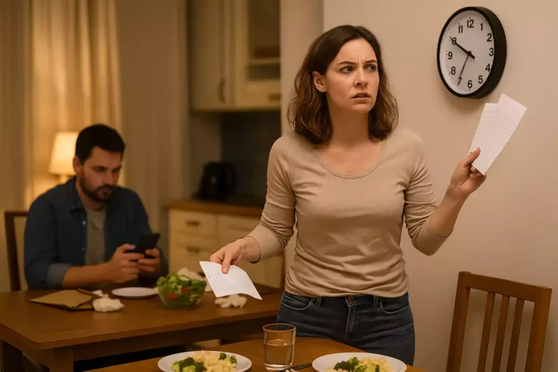 Femme préoccupée qui s'active pendant que son conjoint reste passif dans le salon