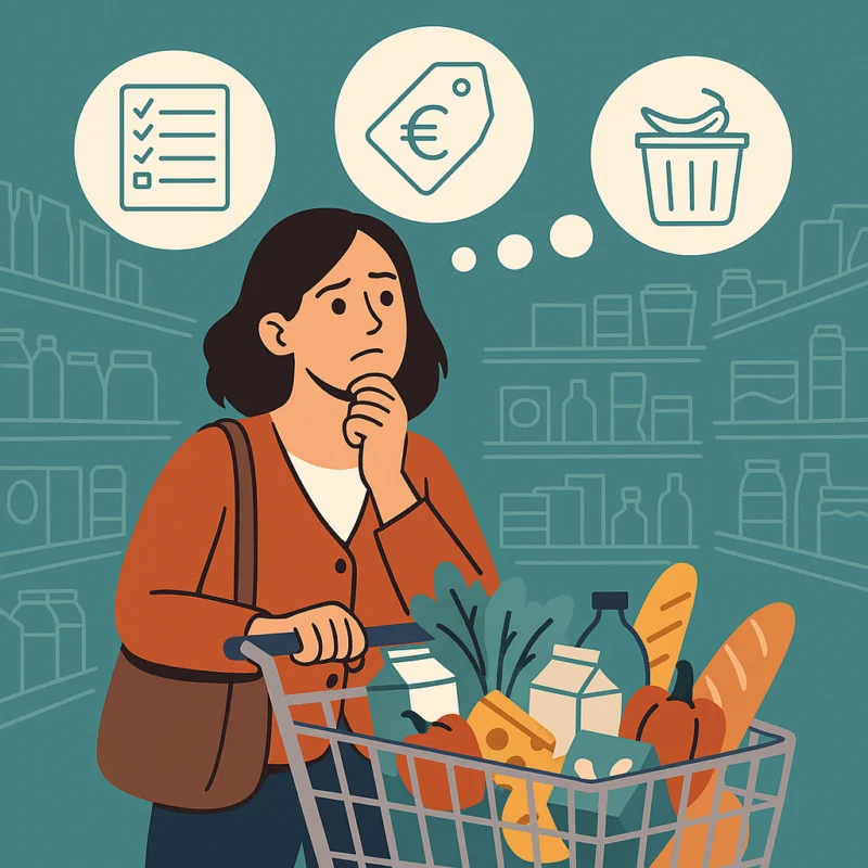 Femme faisant ses courses, hésitant entre promotions, liste et gaspillage