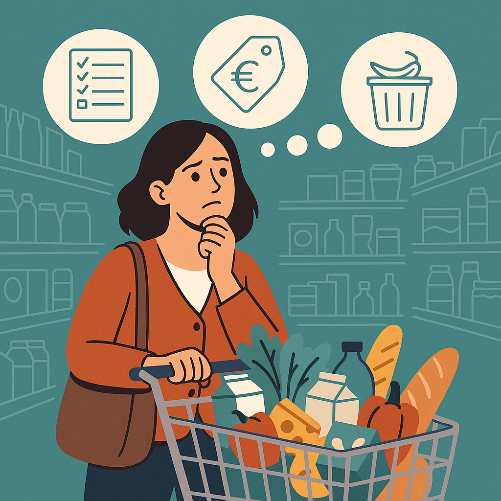 Femme faisant ses courses, hésitant entre promotions, liste et gaspillage