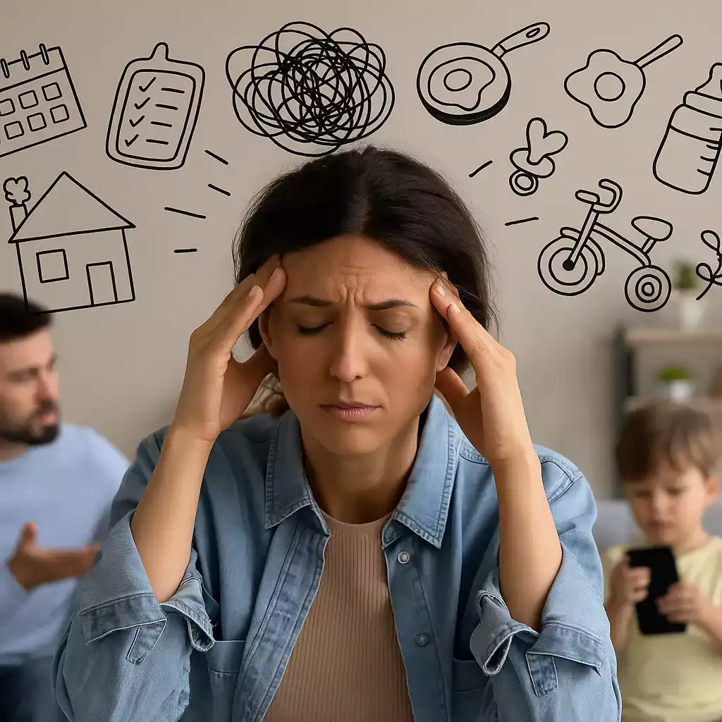 Jeune femme assise sur un canapé, visiblement stressée par les tâches domestiques