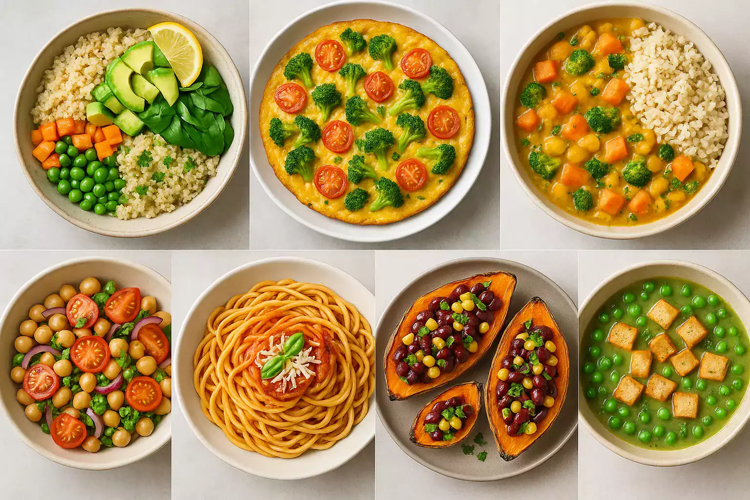 Présentation visuelle de 7 plats sains et économiques disposés dans des bols colorés