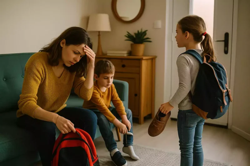 Mère débordée par l'organisation familiale du matin