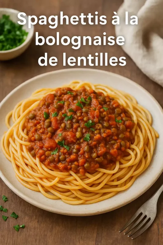 Assiette de spaghettis nappés de sauce bolognaise végétarienne aux lentilles
