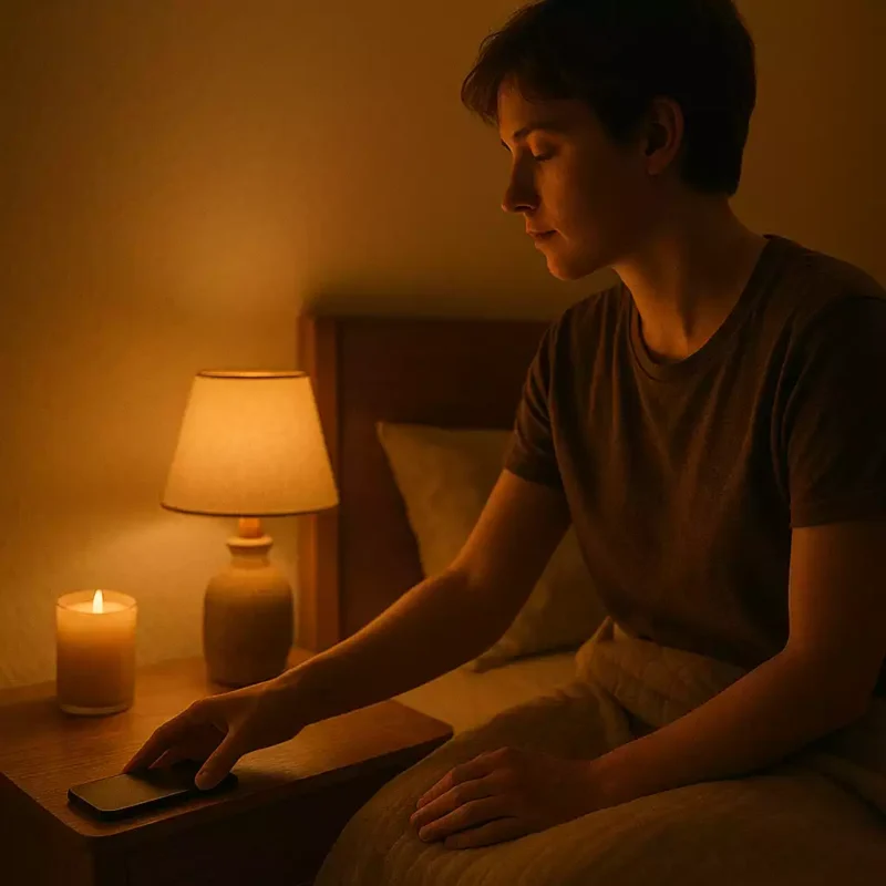 Personne posant son smartphone face contre la table de nuit dans une chambre tamisée