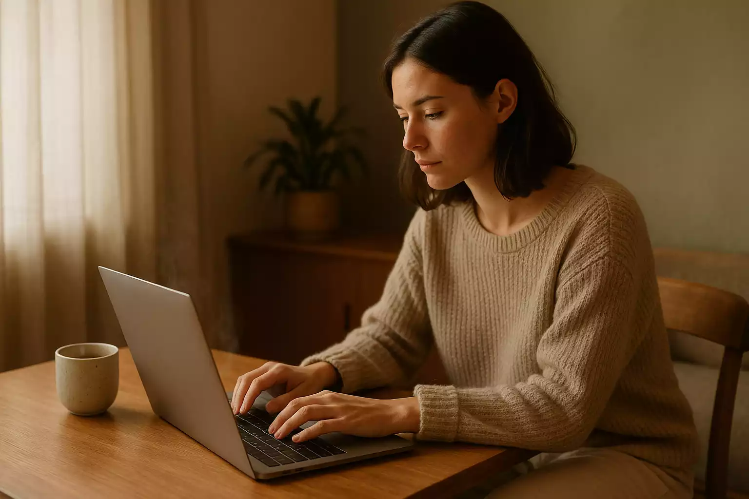 Jeune femme en pull beige utilisant un ordinateur portable, concentrée, dans une pièce éclairée naturellement.