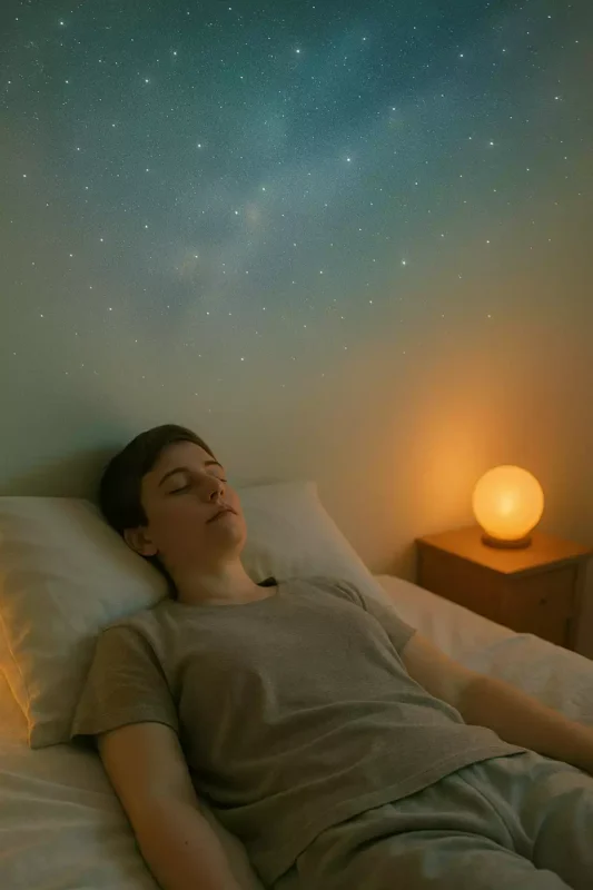 Personne allongée sur un lit, dans une chambre tamisée, avec un ciel étoilé en surimpression