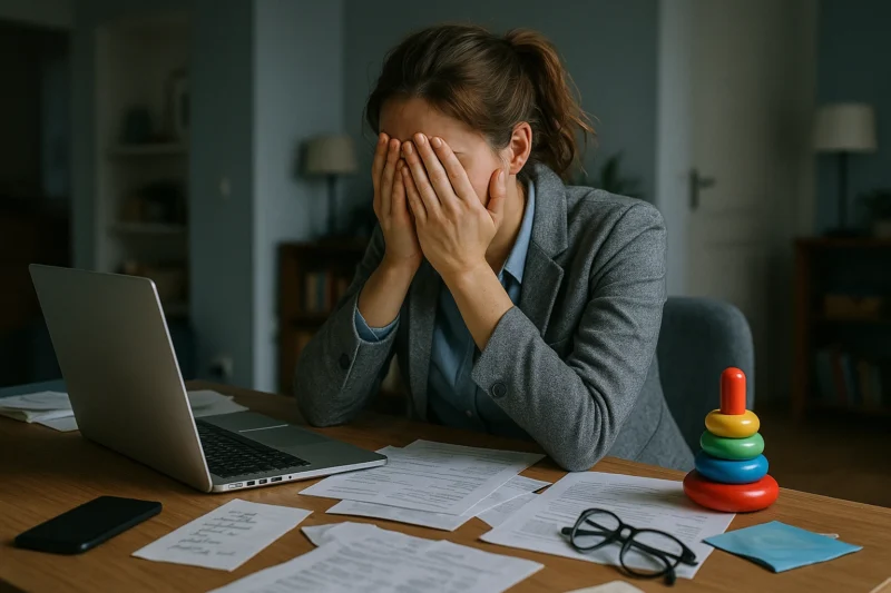Femme fatiguée assise à son bureau, les mains sur le visage, symbole de surcharge mentale