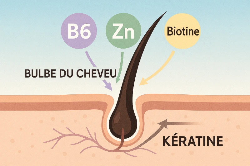 Illustration du bulbe du cheveu avec action de la biotine, B6 et zinc vers la kératine
