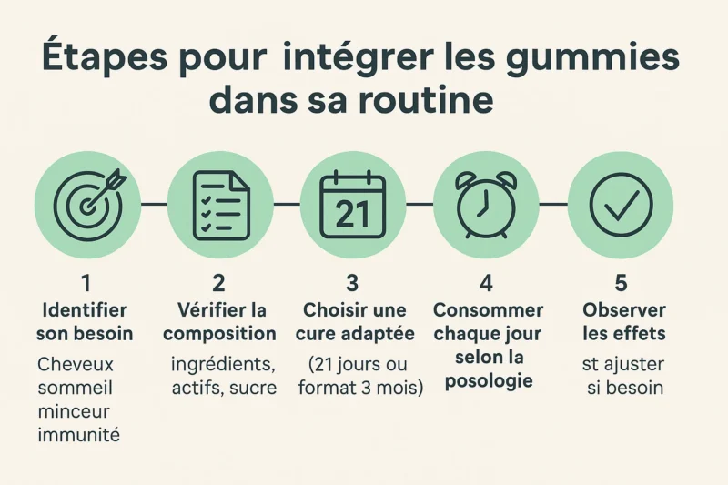 Infographie en 5 étapes pour intégrer les gummies dans sa routine quotidienne.