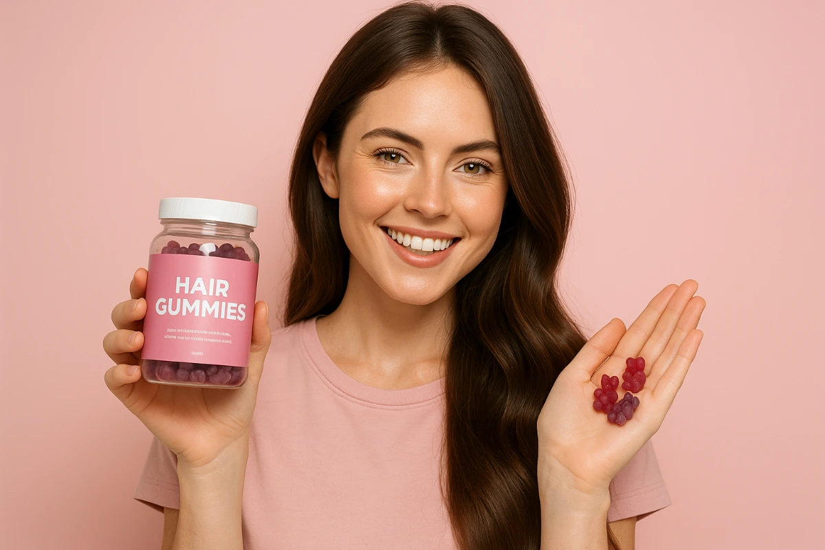 Femme souriante aux cheveux brillants tenant un pot de gummies cheveux