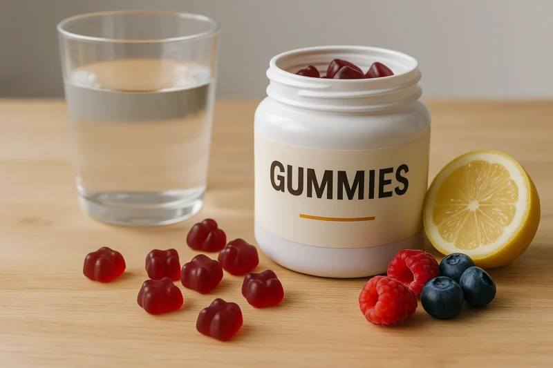 Pot de gummies ouvert avec des fruits frais et un verre d’eau sur une table en bois.