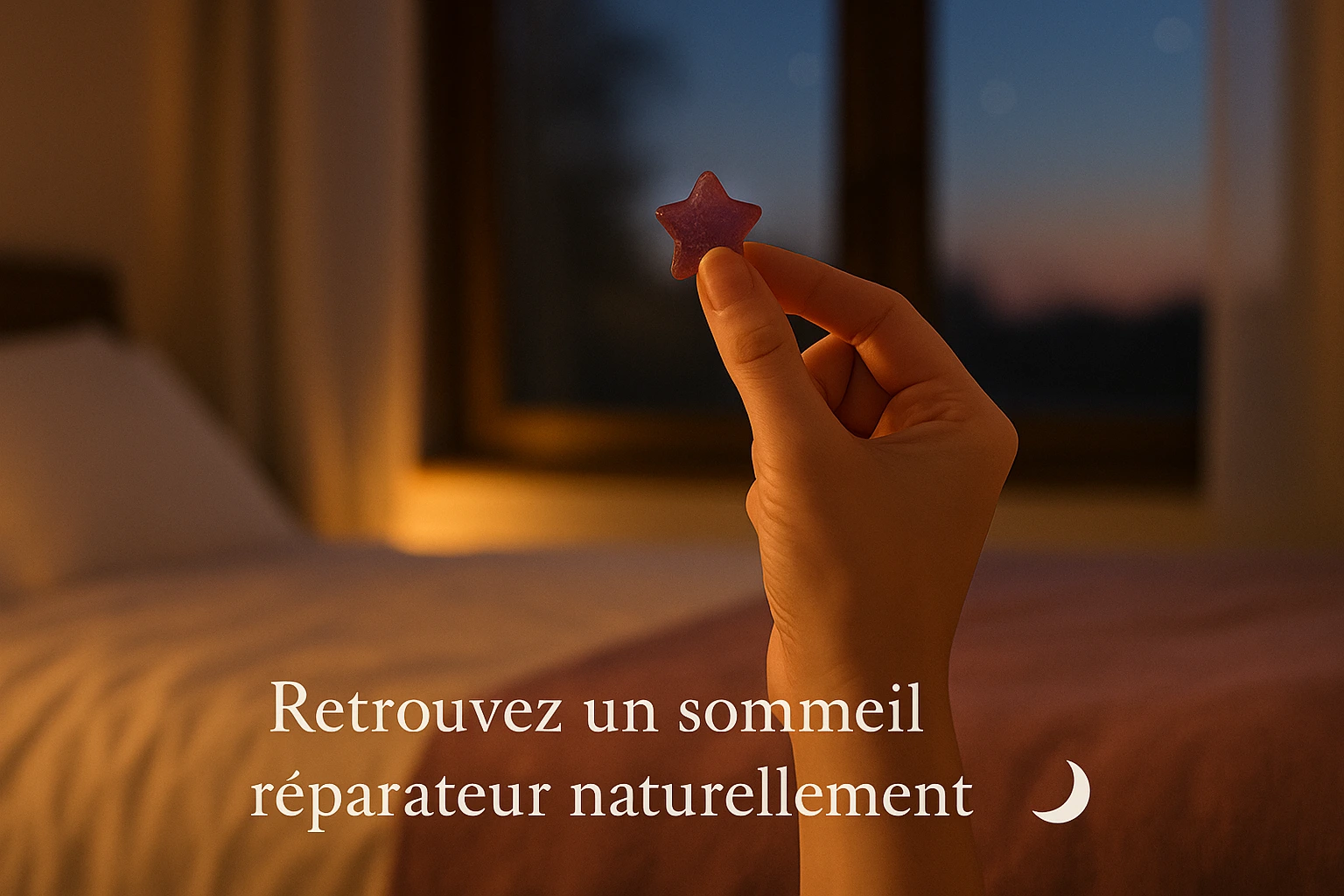 Main tenant un gummy en forme d’étoile devant une chambre au crépuscule