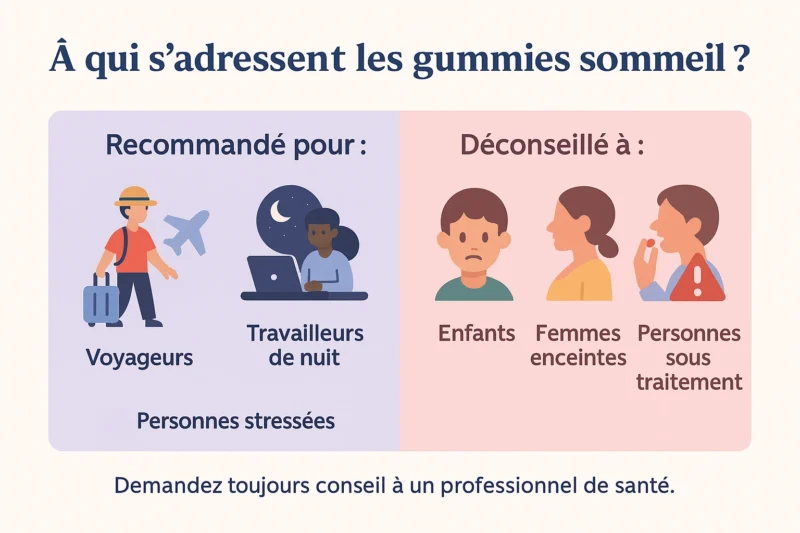 Infographie des profils recommandés et déconseillés pour les gummies sommeil