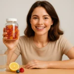 Femme souriante tenant un pot de gummies multivitaminés à côté d’un verre d’eau et de fruits frais.