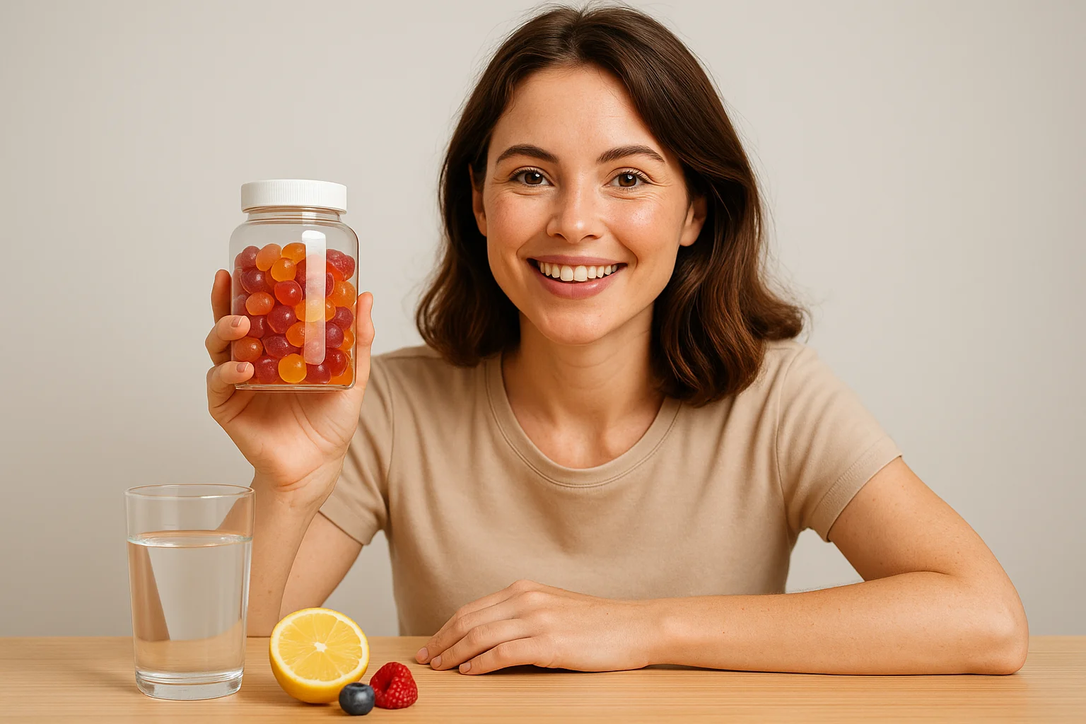 Femme souriante tenant un pot de gummies multivitaminés à côté d’un verre d’eau et de fruits frais.